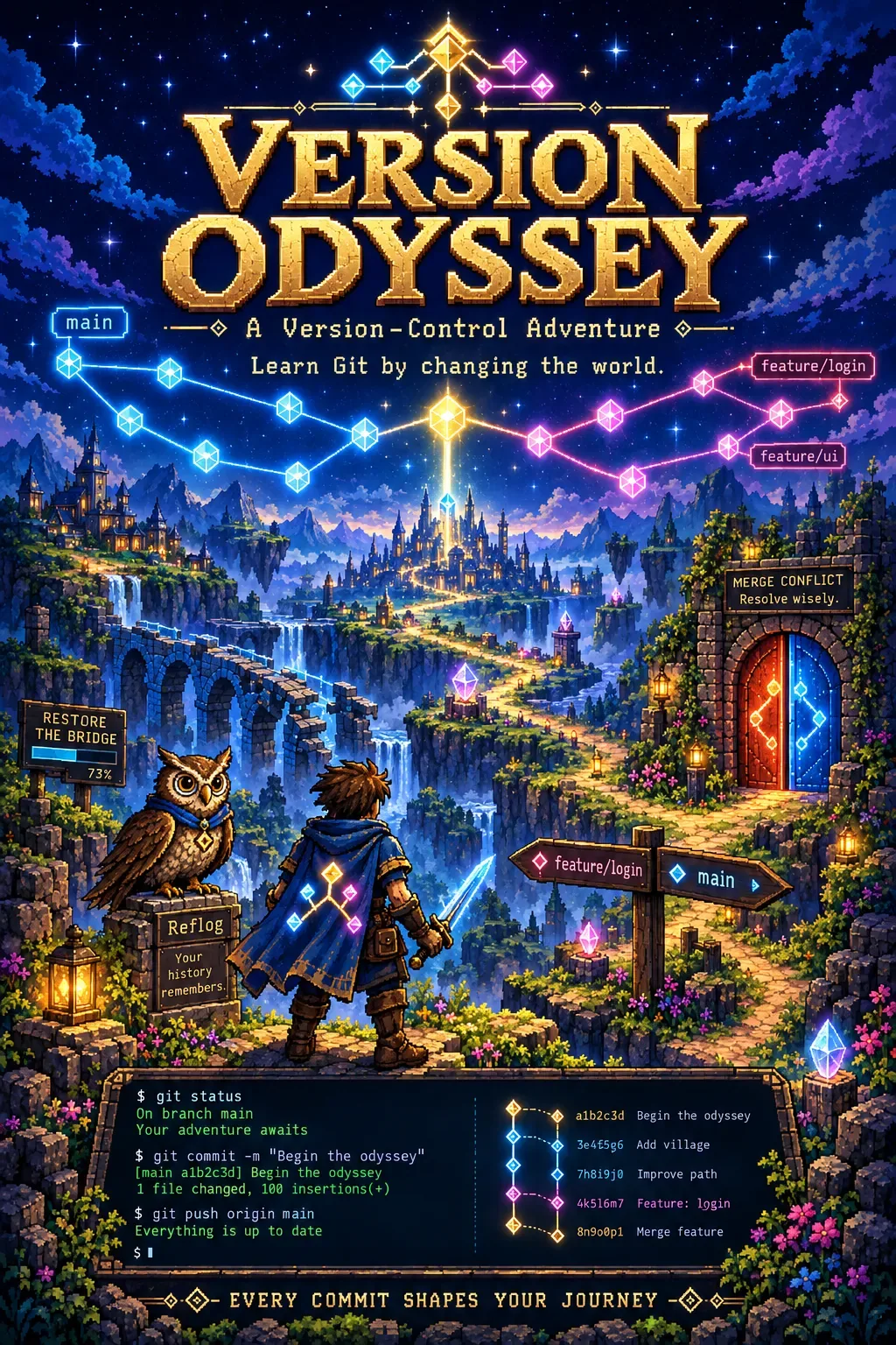 Portada de Version Odyssey con un héroe pixel art frente a dos caminos que representan ramas de Git